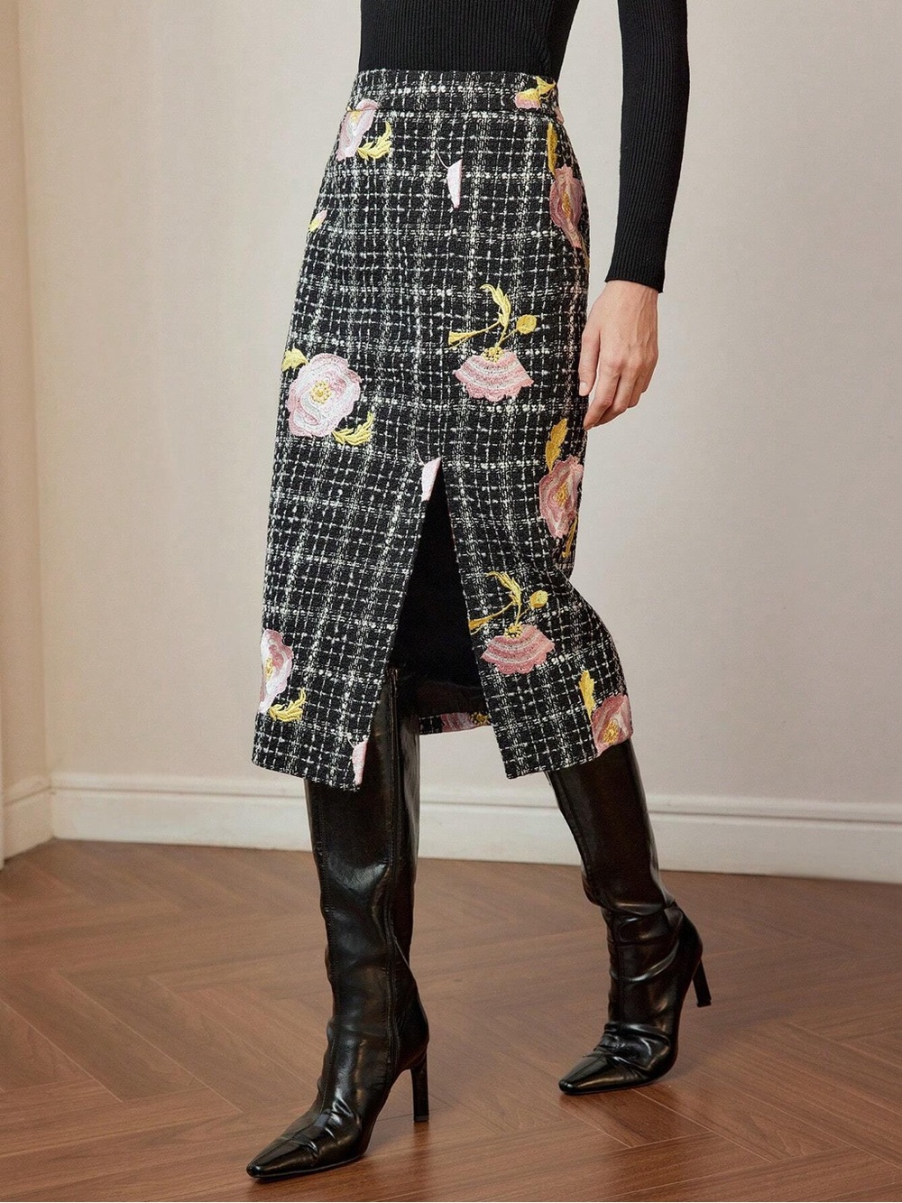 MOTF Wool Blend Tweed Floral Midi Skirt